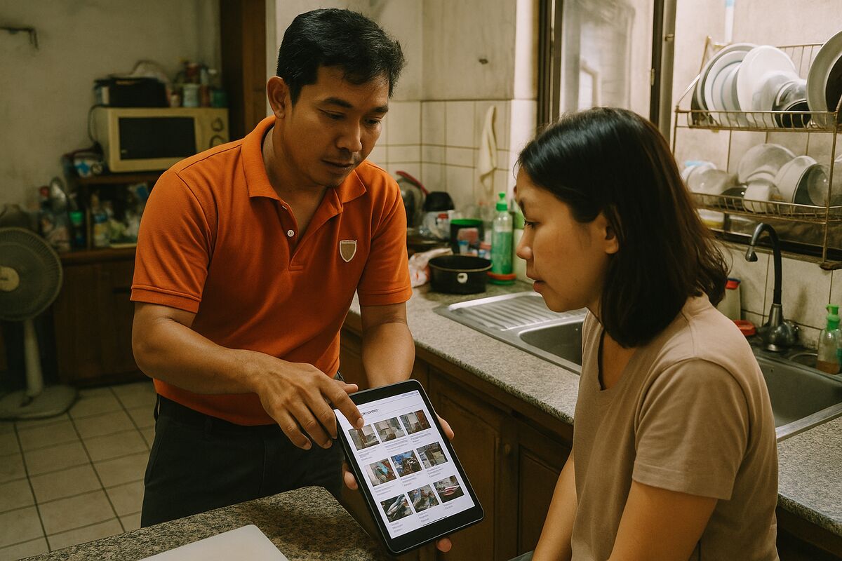 Technician showing the photo treatment report on a tablet