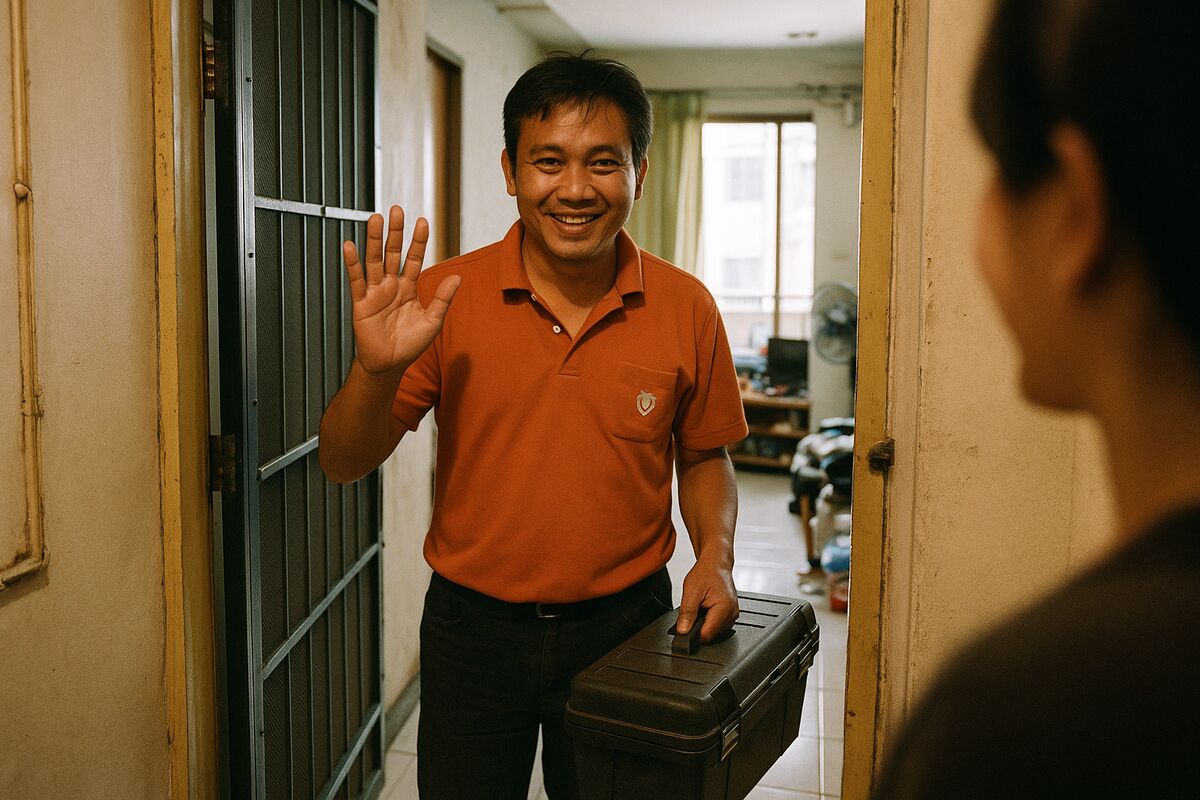 PestsRova technician in uniform arriving at a condo door